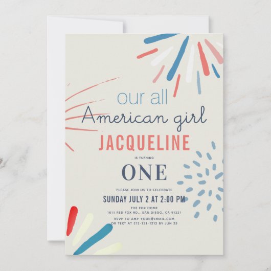 Amerikaans Meisje 4 juli Vuurwerk 1e Verjaardag Kaart (Voorkant)