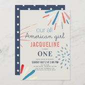 Amerikaans Meisje 4 juli Vuurwerk 1e Verjaardag Kaart (Voorkant / Achterkant)