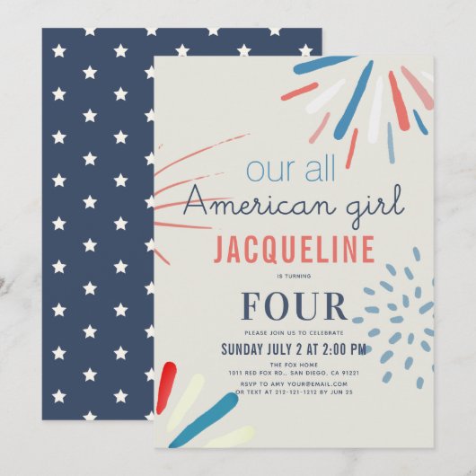 Amerikaans Meisje 4 juli Vuurwerk Verjaardag Kaart (Voorkant / Achterkant)