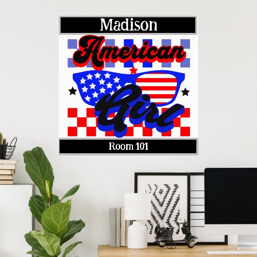 Amerikaans meisje. Sterren en Stripes. Zonnebril.  Poster (Thuiskantoor)
