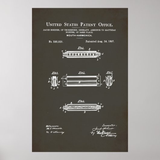 Amerikaans octrooi - Mondharmonica Poster (Voorkant)