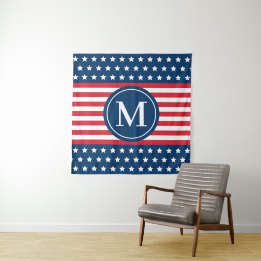 Amerikaans Rood Wit Blauw Aangepaste Monogram Init Wandkleed (In situ)