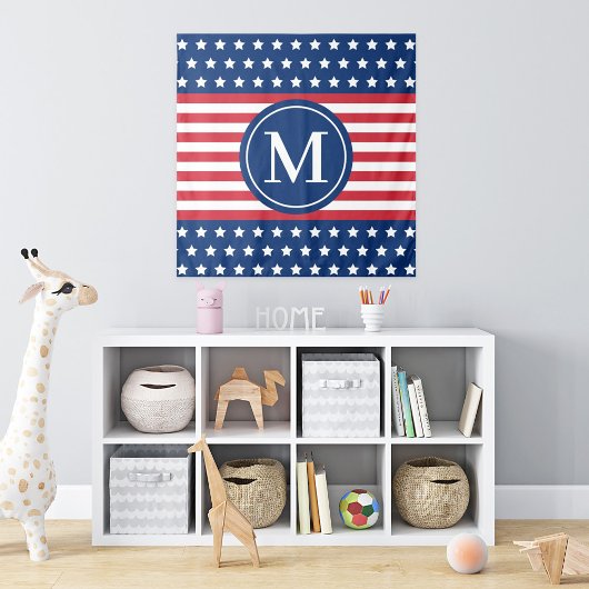 Amerikaans Rood Wit Blauw Aangepaste Monogram Init Wandkleed