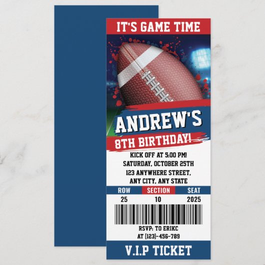 Amerikaans Rugby Ticket verjaardagsfeestje Kinder Kaart (Voorkant / Achterkant)
