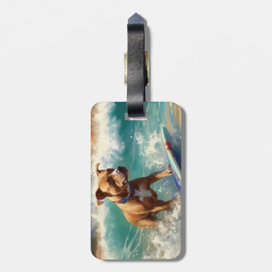 Amerikaans Staffordshire Strand Surfen Schilderij Bagagelabel (Achterkant verticaal)