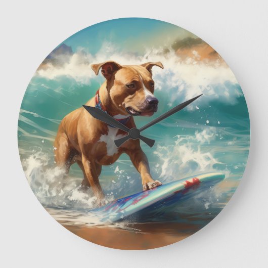 Amerikaans Staffordshire Strand Surfen Schilderij Grote Klok (Voorkant)