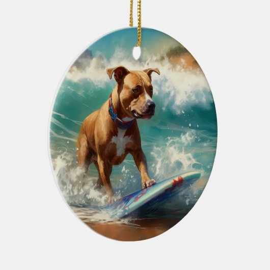 Amerikaans Staffordshire Strand Surfen Schilderij Keramisch Ornament (Rechts)