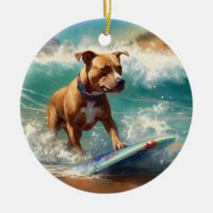 Amerikaans Staffordshire Strand Surfen Schilderij Keramisch Ornament