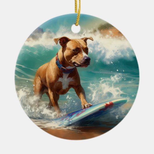 Amerikaans Staffordshire Strand Surfen Schilderij Keramisch Ornament (Voorkant)