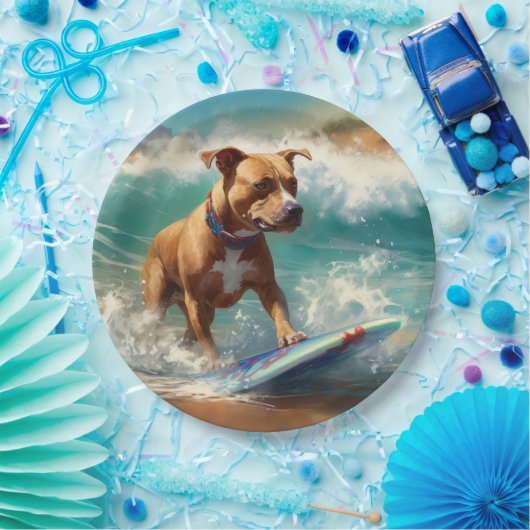 Amerikaans Staffordshire Strand Surfen Schilderij Papieren Bordje (Feest)