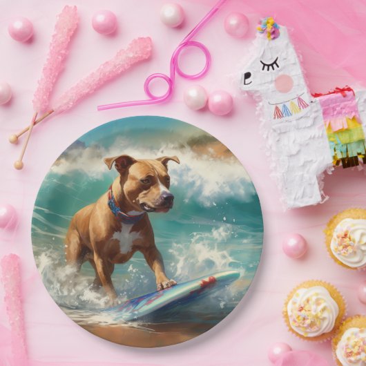 Amerikaans Staffordshire Strand Surfen Schilderij Papieren Bordje (Feest)