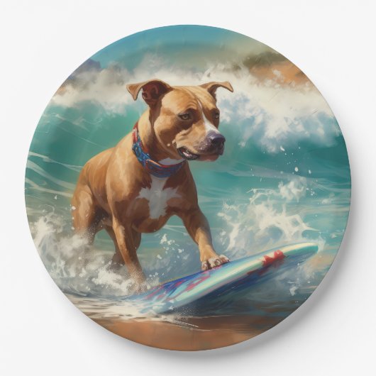 Amerikaans Staffordshire Strand Surfen Schilderij Papieren Bordje (Voorkant)