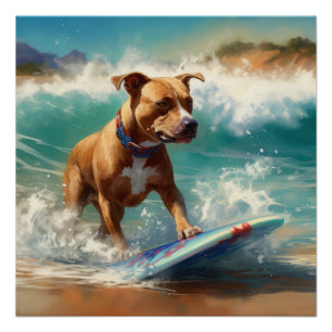 Amerikaans Staffordshire Strand Surfen Schilderij Perfect Poster