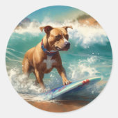 Amerikaans Staffordshire Strand Surfen Schilderij Ronde Sticker (Voorkant)