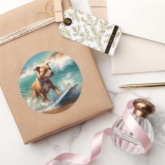 Amerikaans Staffordshire Strand Surfen Schilderij Ronde Sticker (Geschenken)