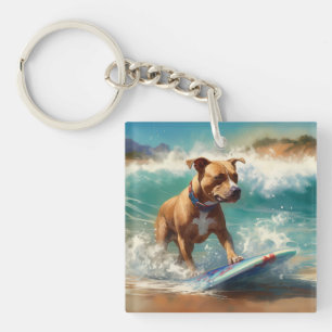 Amerikaans Staffordshire Strand Surfen Schilderij Sleutelhanger