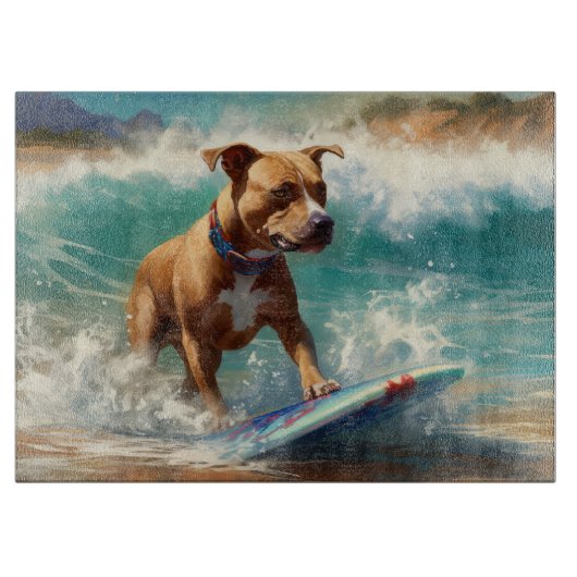 Amerikaans Staffordshire Strand Surfen Schilderij Snijplank (Voorkant)