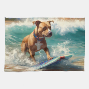 Amerikaans Staffordshire Strand Surfen Schilderij Theedoek