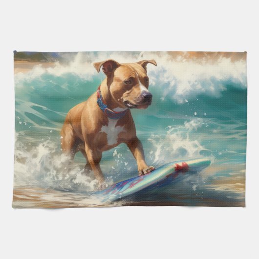 Amerikaans Staffordshire Strand Surfen Schilderij Theedoek (Horizontaal)