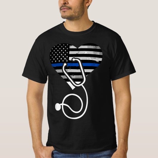 Amerikaans vlaggenhoofd met politie Thin Blue Line T-shirt (Voorkant)