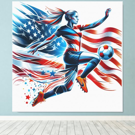 Amerikaans vrouwenvoetbal. Stretched Canvas Print (Insitu (Houten vloer))