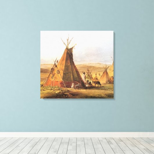 -Amerikaans Westen, Teepees op Plain door Bodmer Canvas Afdruk (Insitu (Houten vloer))