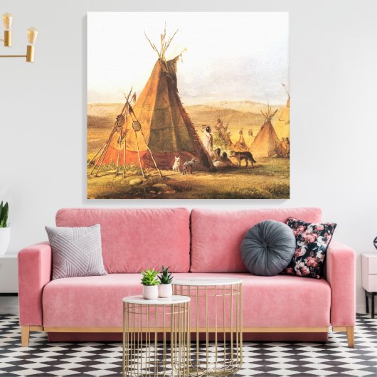 -Amerikaans Westen, Teepees op Plain door Bodmer Canvas Afdruk (Insitu (Woonkamer))