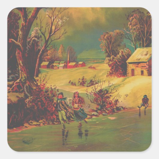 Amerikaans winterleven vintage vierkante sticker (Voorkant)