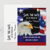 Amerikaanse adelaar en vlag slaan de datum op aankondigingskaart (Voorkant / Achterkant)
