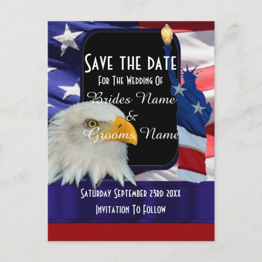 Amerikaanse adelaar en vlag slaan de datum op aankondigingskaart (Voorkant)