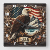 Amerikaanse adelaar met bergen en vlag achtergrond vierkante klok (Voorkant)
