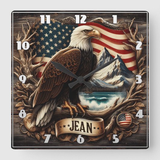 Amerikaanse adelaar met bergen en vlag achtergrond vierkante klok (Voorkant)