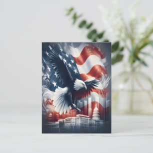 amerikaanse adelaar stijgt boven stadsgezicht briefkaart