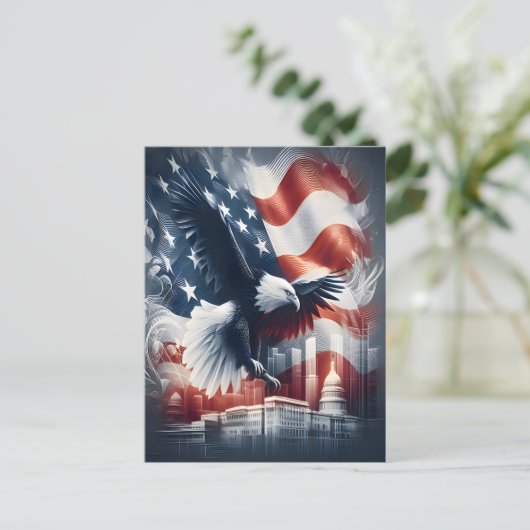 amerikaanse adelaar stijgt boven stadsgezicht briefkaart (Staand voorkant)