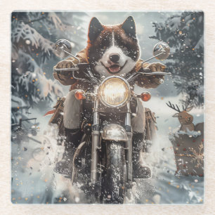 Amerikaanse Akita-hond rijdt op motorfiets met Ker Glazen Onderzetter