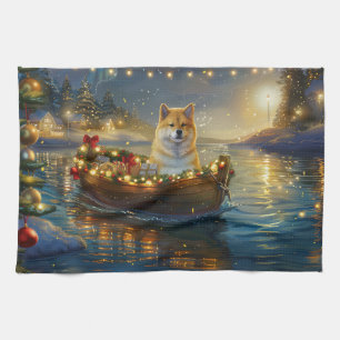 Amerikaanse Akita Kerst Feestelijke Reis Theedoek