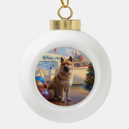 Amerikaanse Akita Kerstcruise: Pawsome Vakantie Keramische Bal Ornament (Voorkant)