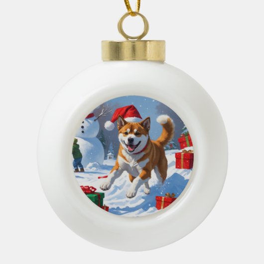 Amerikaanse Akita Kerstfeest Sneeuwscène Keramische Bal Ornament (Voorkant)