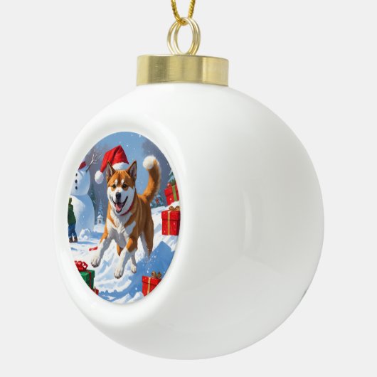 Amerikaanse Akita Kerstfeest Sneeuwscène Keramische Bal Ornament (Rechts)