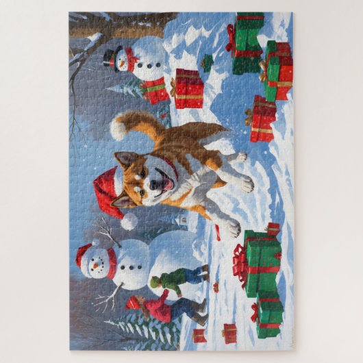 Amerikaanse Akita Kerstfeest Sneeuwscène Legpuzzel (Verticaal)