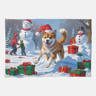 Amerikaanse Akita Kerstfeest Sneeuwscène Theedoek