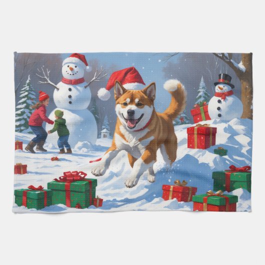 Amerikaanse Akita Kerstfeest Sneeuwscène Theedoek (Horizontaal)