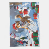 Amerikaanse Akita Kerstfeest Sneeuwscène Theedoek (Verticaal)