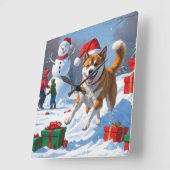 Amerikaanse Akita Kerstfeest Sneeuwscène Vierkante Klok (Hoek)