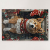 Amerikaanse Akita met kerstcadeaus Haard Legpuzzel (Horizontaal)