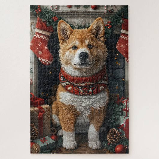 Amerikaanse Akita met kerstcadeaus Haard Legpuzzel (Verticaal)