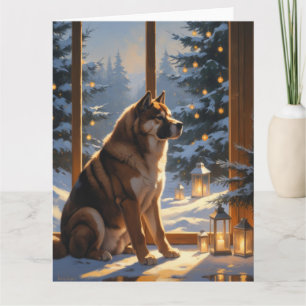 Amerikaanse Akita met kerstverlichting vakantie Kaart