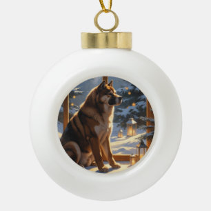 Amerikaanse Akita met Kerstverlichting Vakantie Keramische Bal Ornament