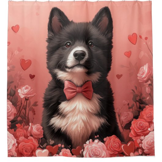 Amerikaanse Akita met Rozen - Valentijnsdag Douchegordijn (Voorkant)