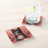 Amerikaanse Akita met Rozen - Valentijnsdag Glazen Onderzetter (Schuin)